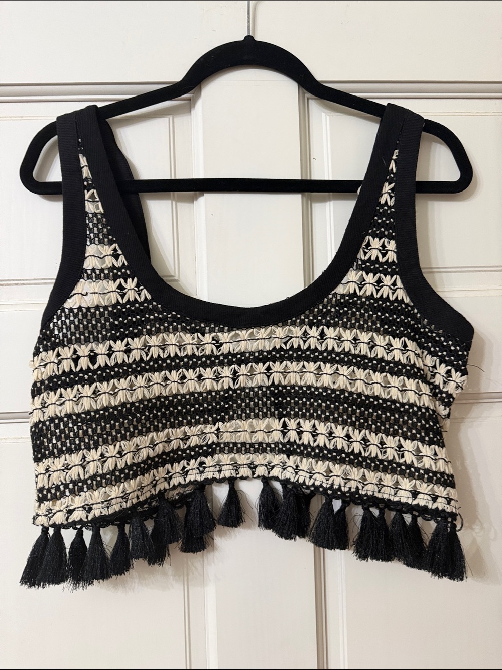 Fashion Nova Black and Cream Tassel Cropped Tank
